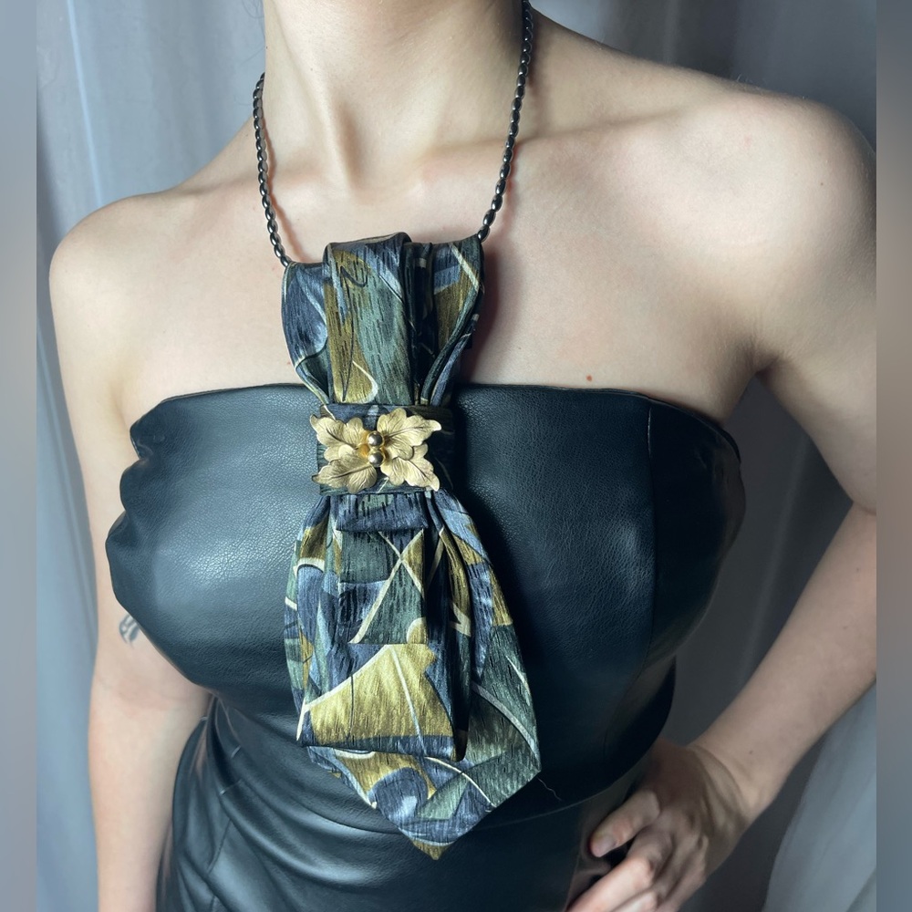Upcycling Handmade Neck Tie Nekalas Necktie Scarf.Brown, Tan, Gray 100% Silk